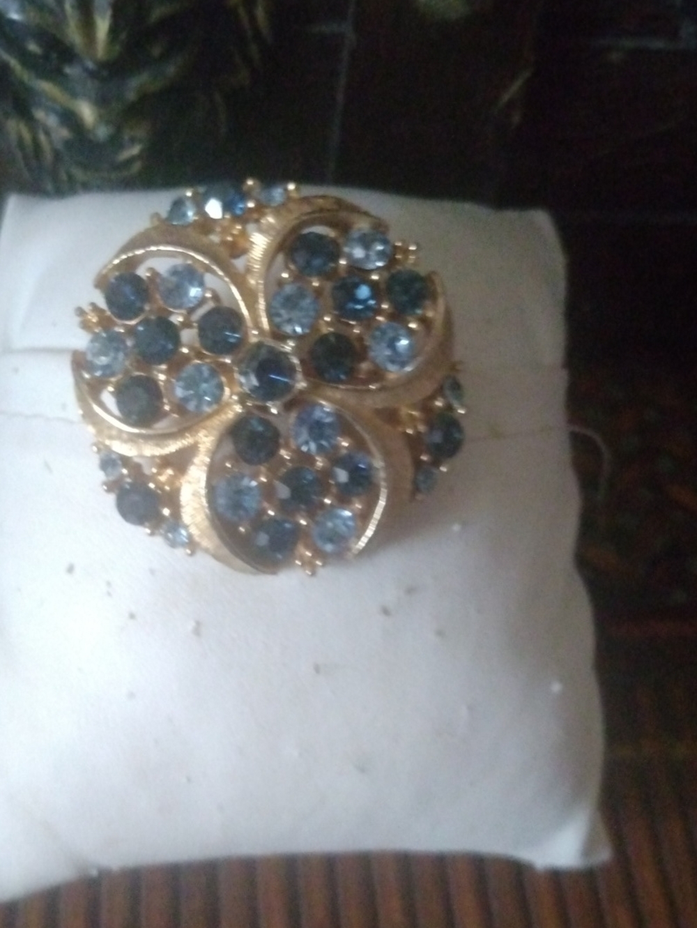 Gold-Tone Blue Crystal Floral Brooch